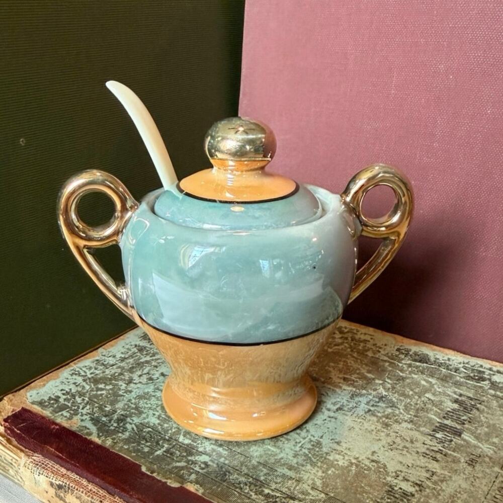 Hand Painted Japan Lustreware Sugar Bowl w/ Spoon